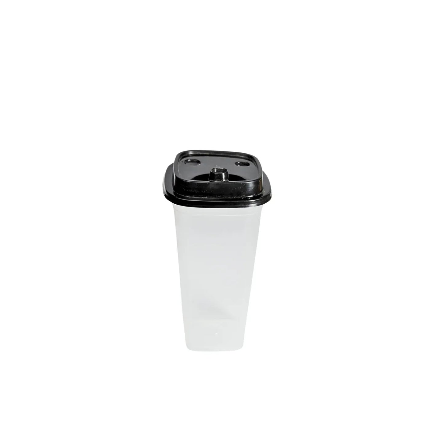 Tall disposable plastic food container with black lid for takeout or restaurant use