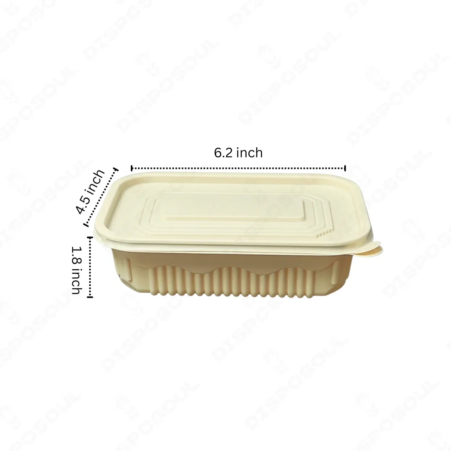 Rectangular disposable food container with lid, 6.2 x 4.5 x 1.8 inch, beige color