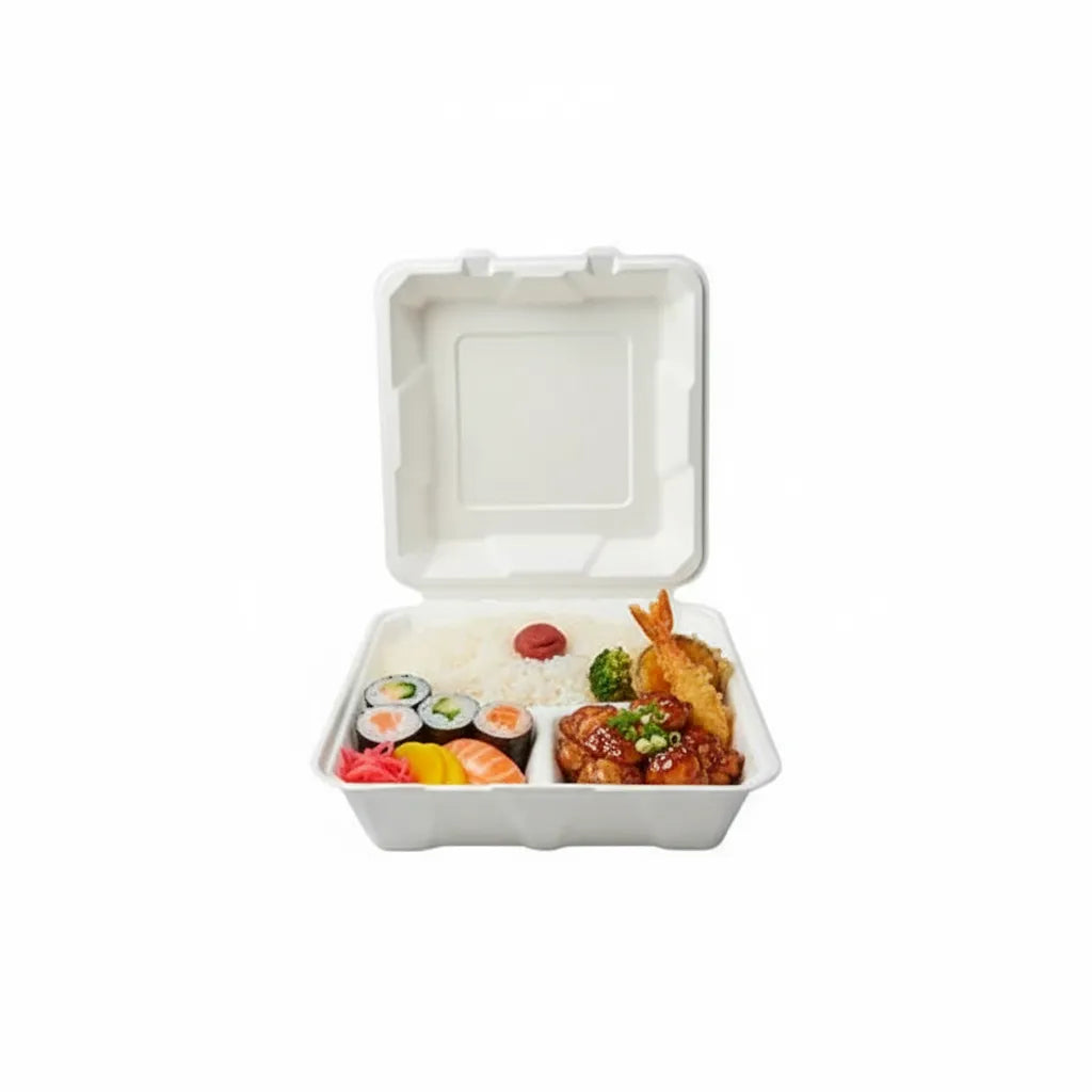 Disposoul 9"x9" 3CP Square Sugarcane Bagasse Clamshell Container Box