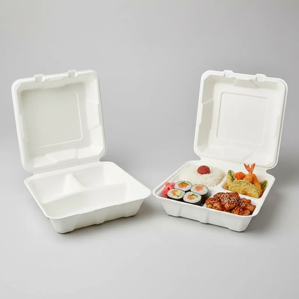 Disposoul 9"x9" 3CP Square Sugarcane Bagasse Clamshell Container Box