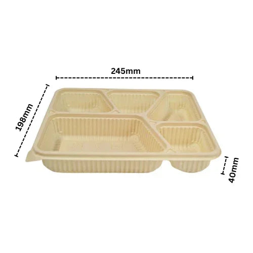 Biodegradable cornstarch five-compartment disposable food tray with measurements