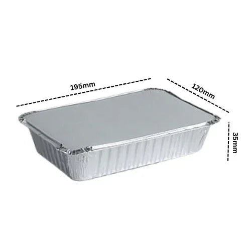 Rectangular 750ml aluminum food container with lid, showing dimensions 195x120x35mm.