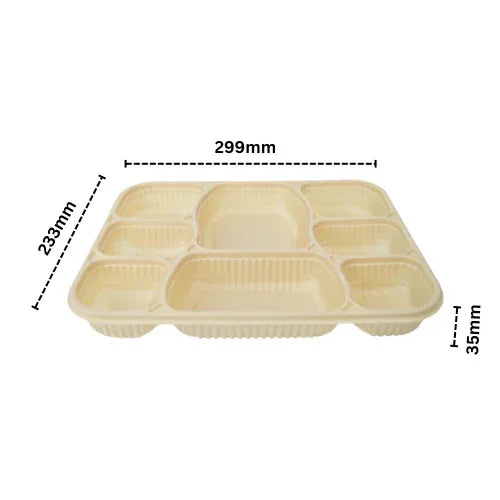 Biodegradable cornstarch meal tray with seven compartments, 299x233x35mm size