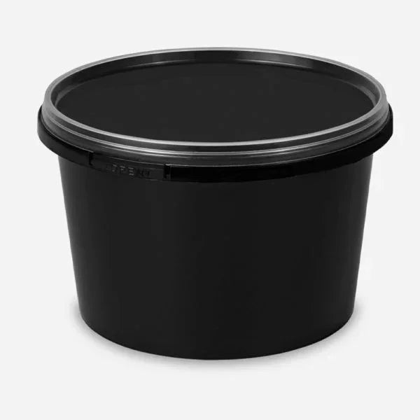 Black plastic food container with lid for takeaway or restaurant packaging