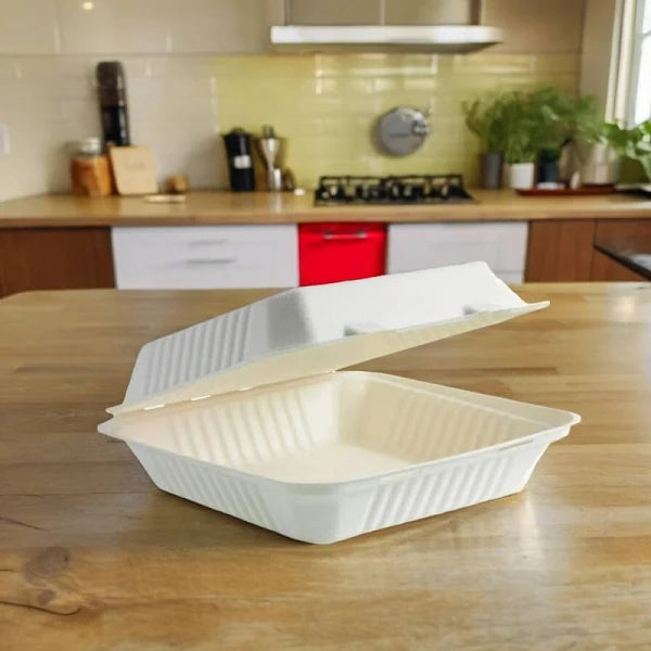 Disposoul 9"x9" Square Sugarcane Bagasse Clamshell Container Box