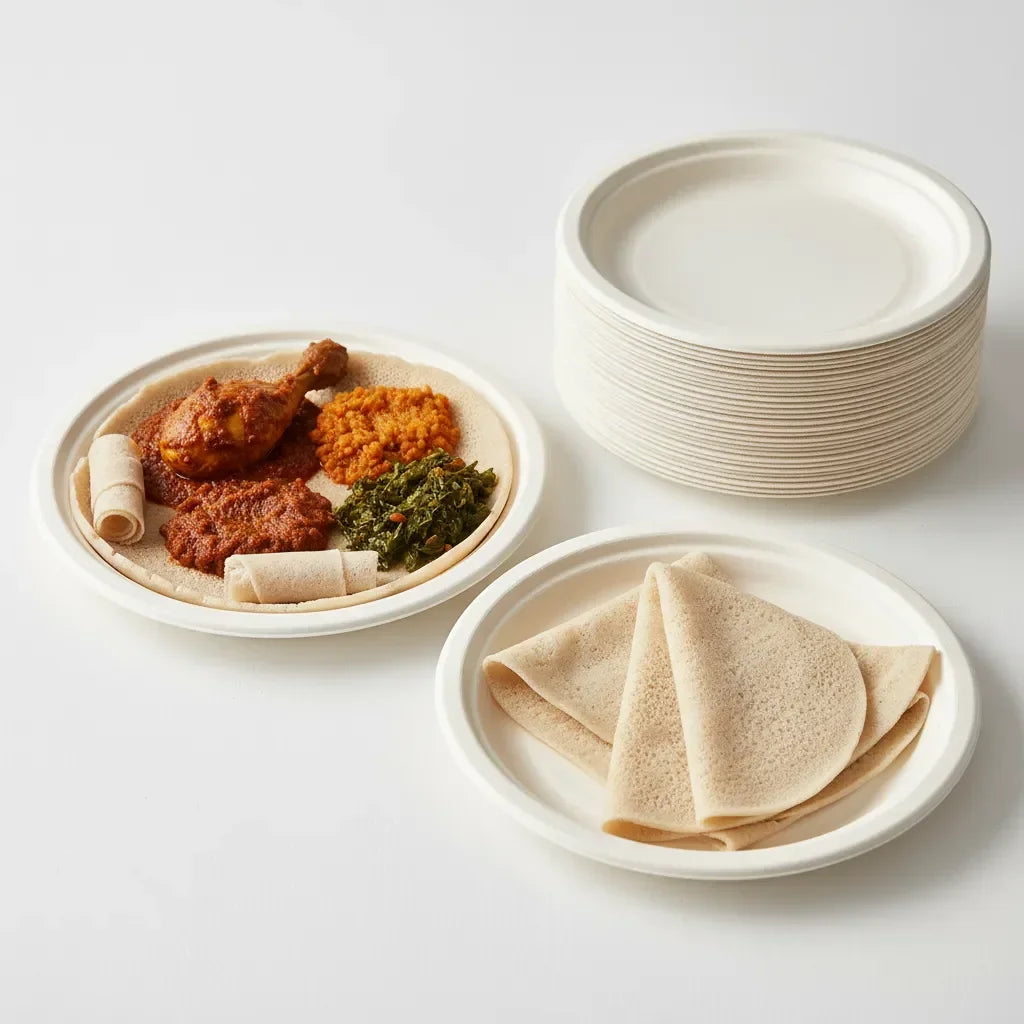 Bagasse disposable plates with Ethiopian food including injera and various stews, stack of plates nearby.