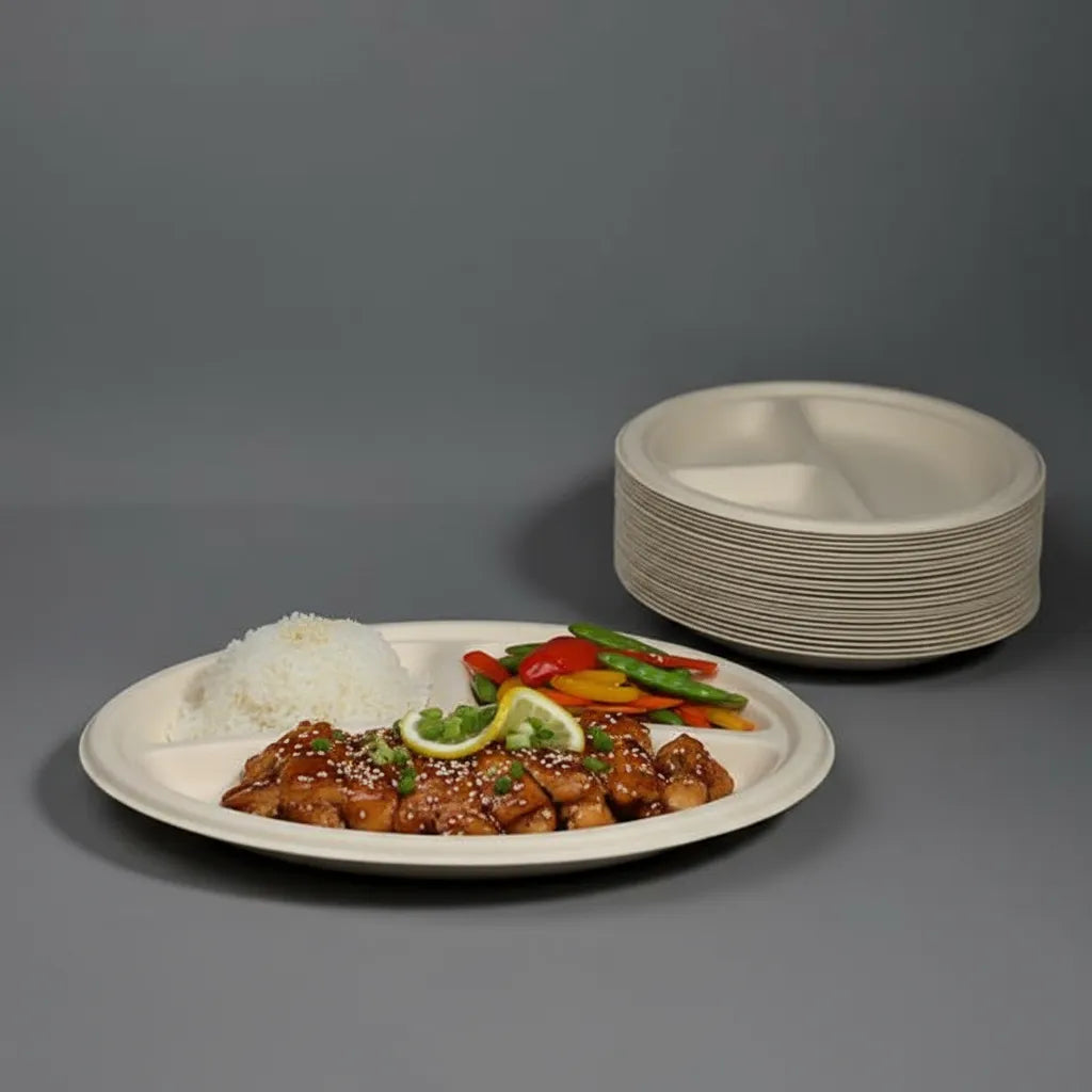 Disposoul Bagasse Round Disposable 3 CP Plate 9 inch