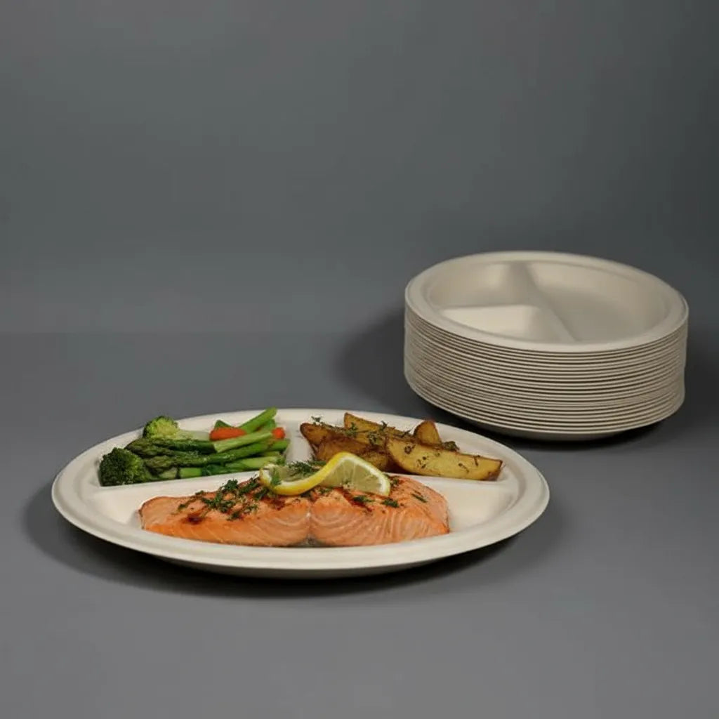 Disposoul Bagasse Round Disposable 3 CP Plate 10 inch