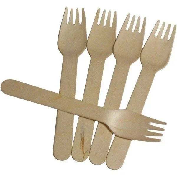 Biodegradable wooden disposable forks for food packaging or takeaway use